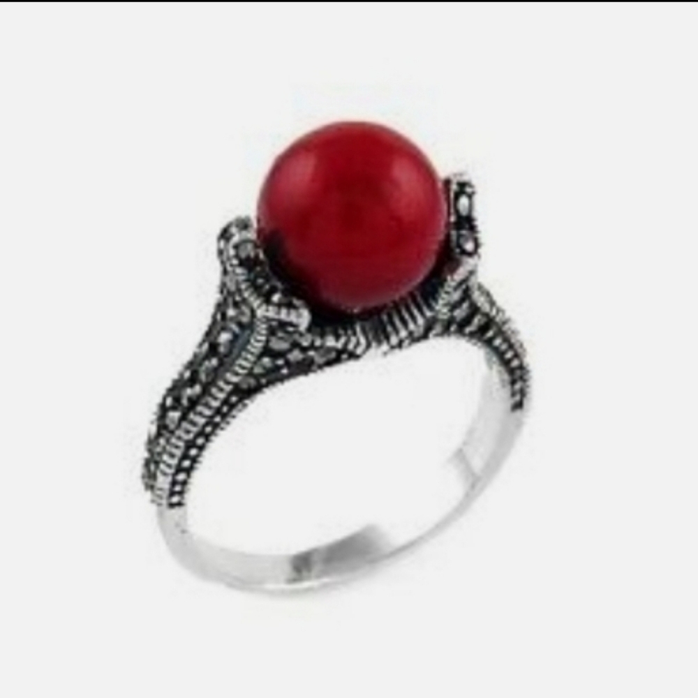 🌹 925S GENUINE CORAL & MARCASITE RING ( NOT ENHANCED) SIZE 5